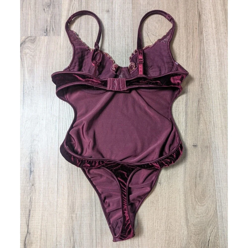 Vintage Y2K Victoria’s Secret 34B Velvet Bodysuit Burgundy Gold Underwire Thong
